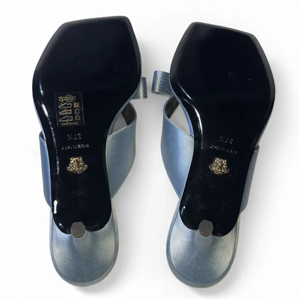 Versace Women's Blue Satin Mule Gianna Ribbon 45 mm sandals Sz 37.5